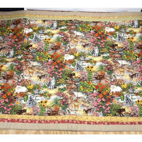 Handmade Quilted Wall Hanging, Cats In The Garden 37'' x 22'' - Picture 1 of 11